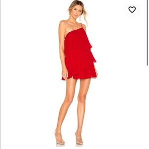 Red mini dress, tiered one-shoulder